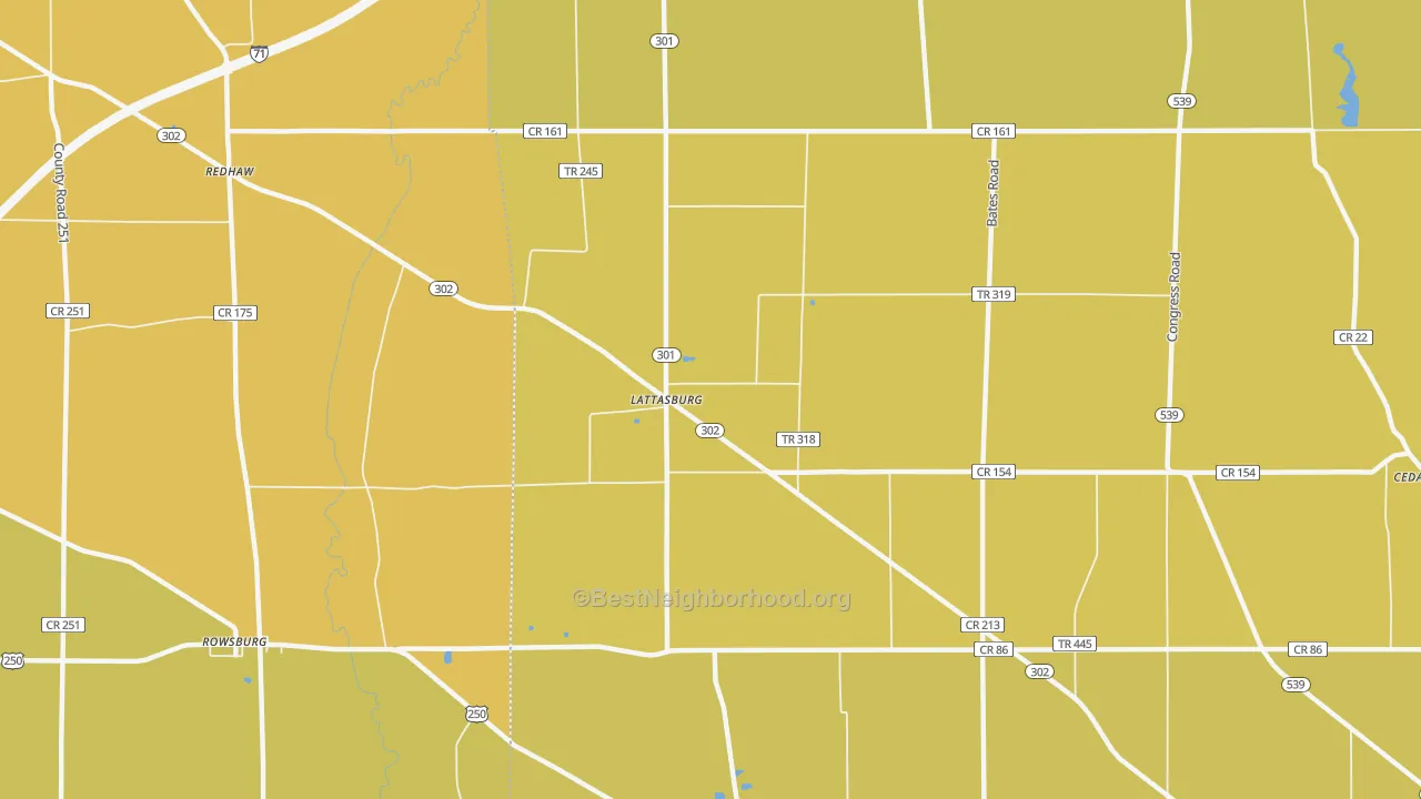 Map of the best neighborhoods in the Lattasburg area, with better matches in green and worse matches in red