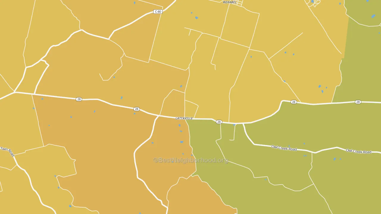 Map of the best neighborhoods in the Lattasville area, with better matches in green and worse matches in red