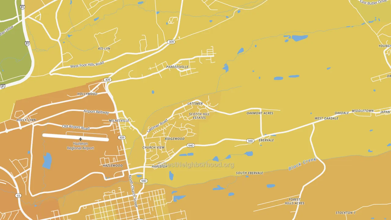 Map of the best neighborhoods in the Lattimer area, with better matches in green and worse matches in red