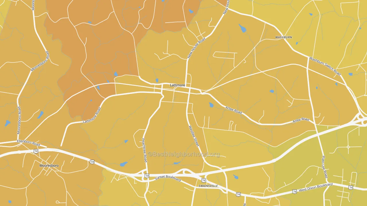Map of the best neighborhoods in the Lattimore area, with better matches in green and worse matches in red