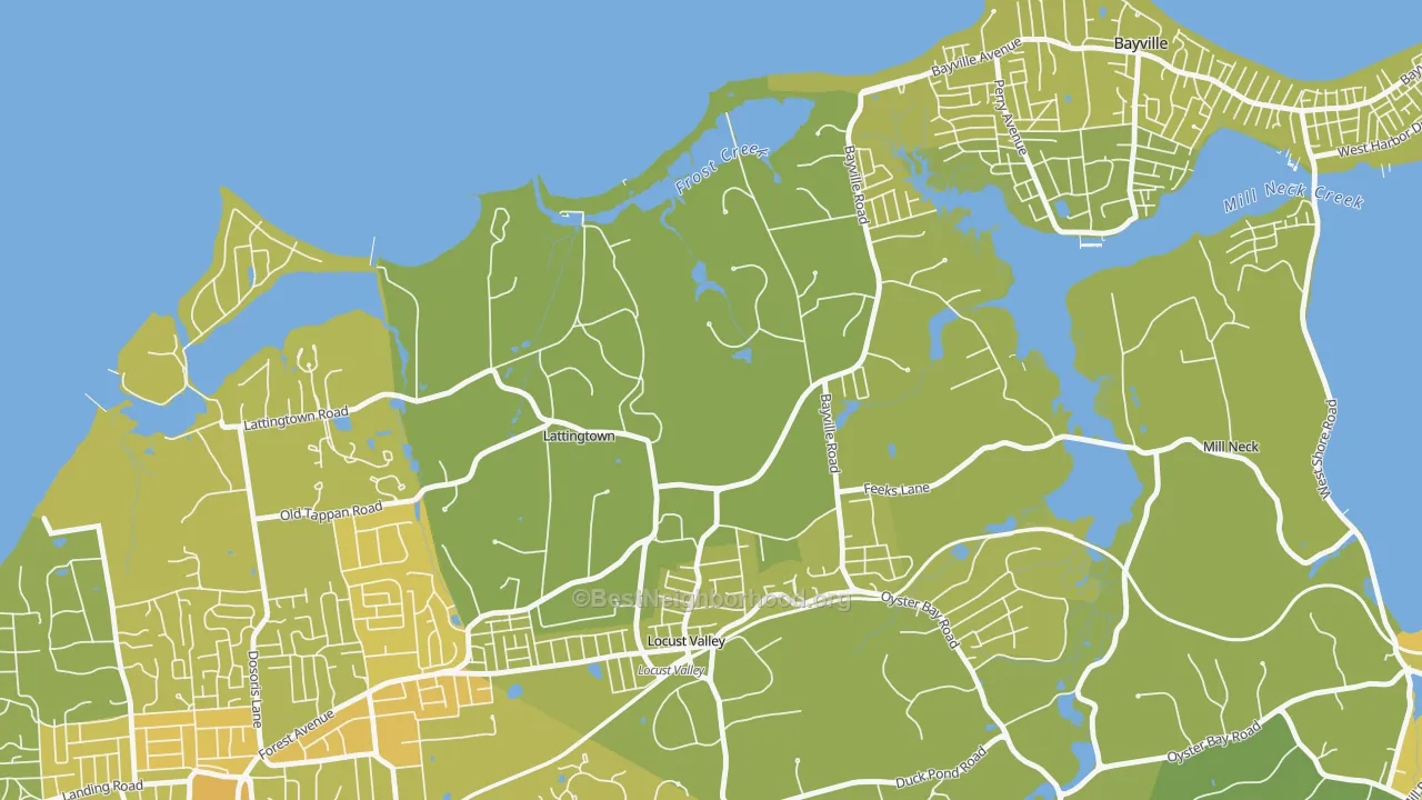 Map of the best neighborhoods in the Lattingtown area, with better matches in green and worse matches in red