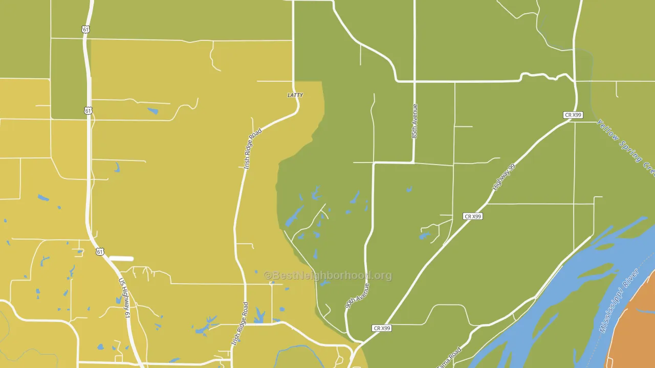 Map of the best neighborhoods in the Latty area, with better matches in green and worse matches in red