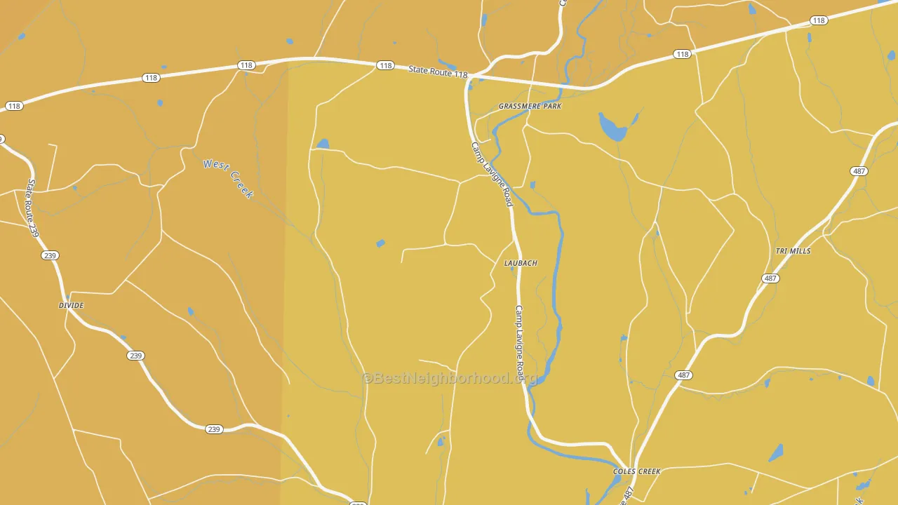 Map of the best neighborhoods in the Laubachs area, with better matches in green and worse matches in red