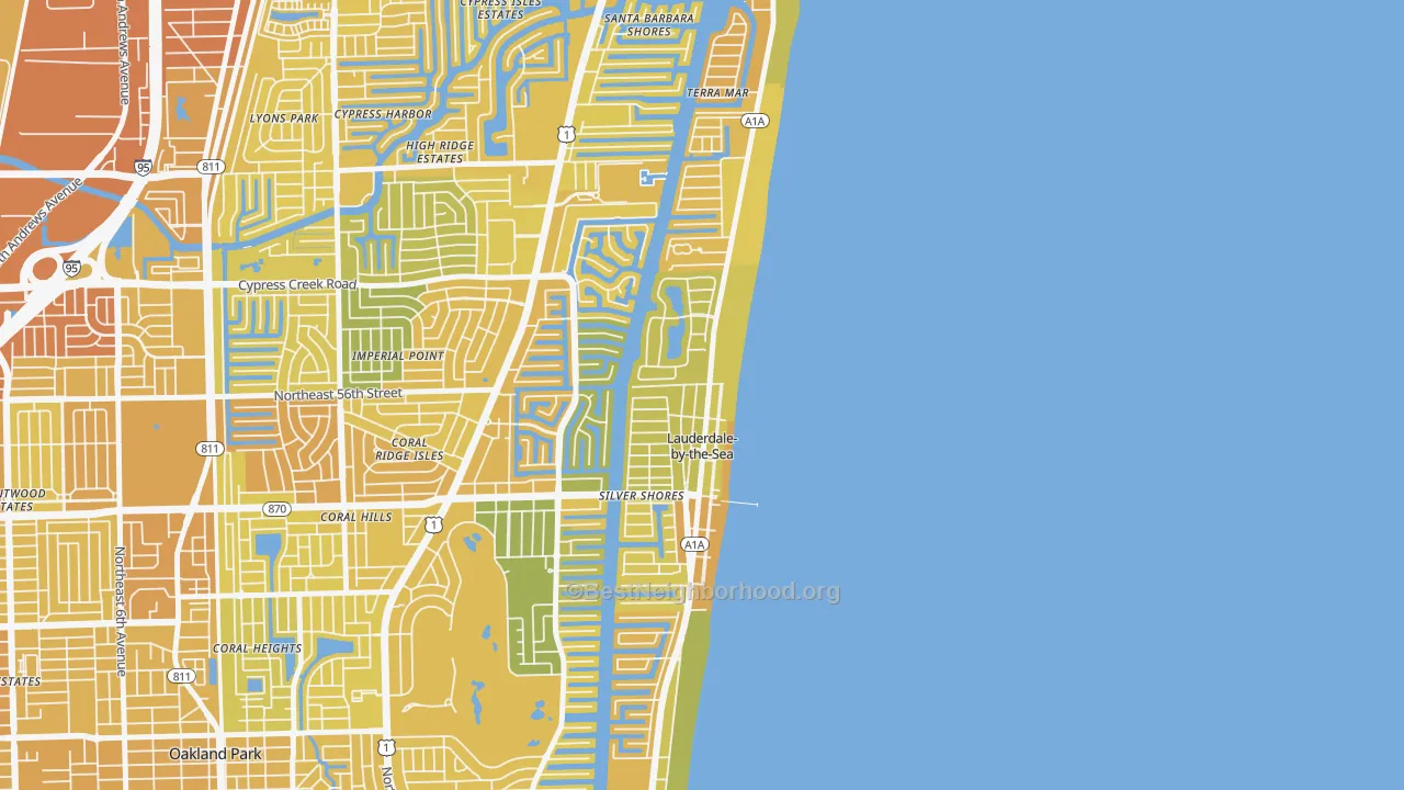Map of the best neighborhoods in the Lauderdale-by-the-Sea area, with better matches in green and worse matches in red