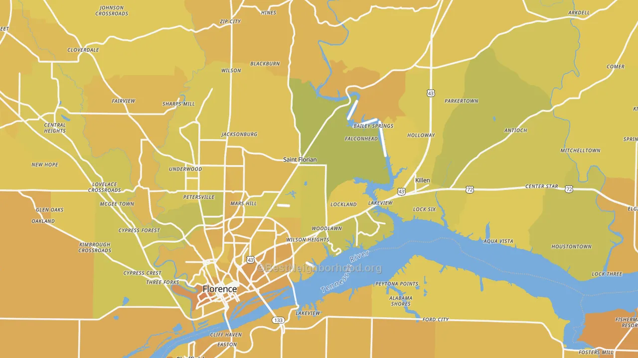 Map of the best neighborhoods in the Lauderdale County area, with better matches in green and worse matches in red