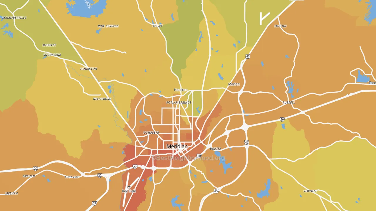 Map of the best neighborhoods in the Lauderdale County area, with better matches in green and worse matches in red