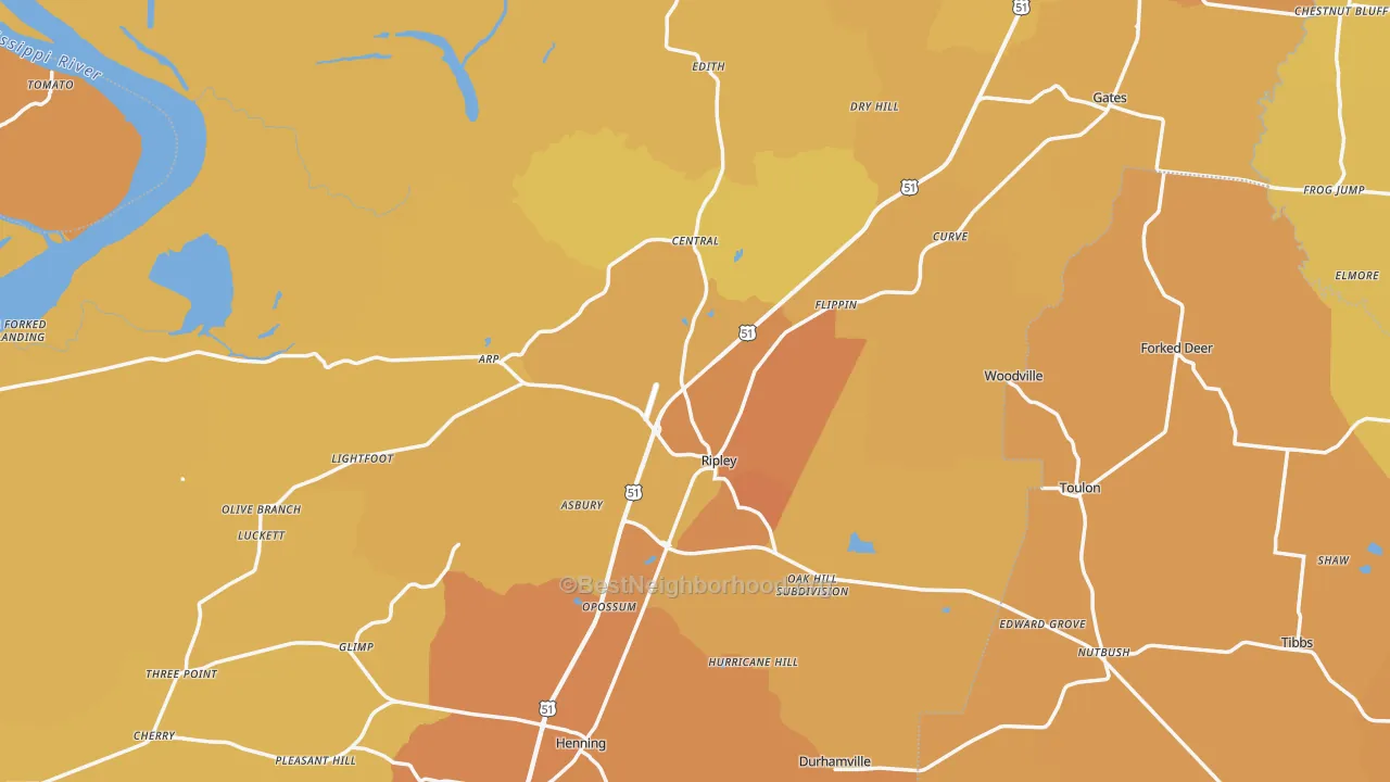 Map of the best neighborhoods in the Lauderdale County area, with better matches in green and worse matches in red