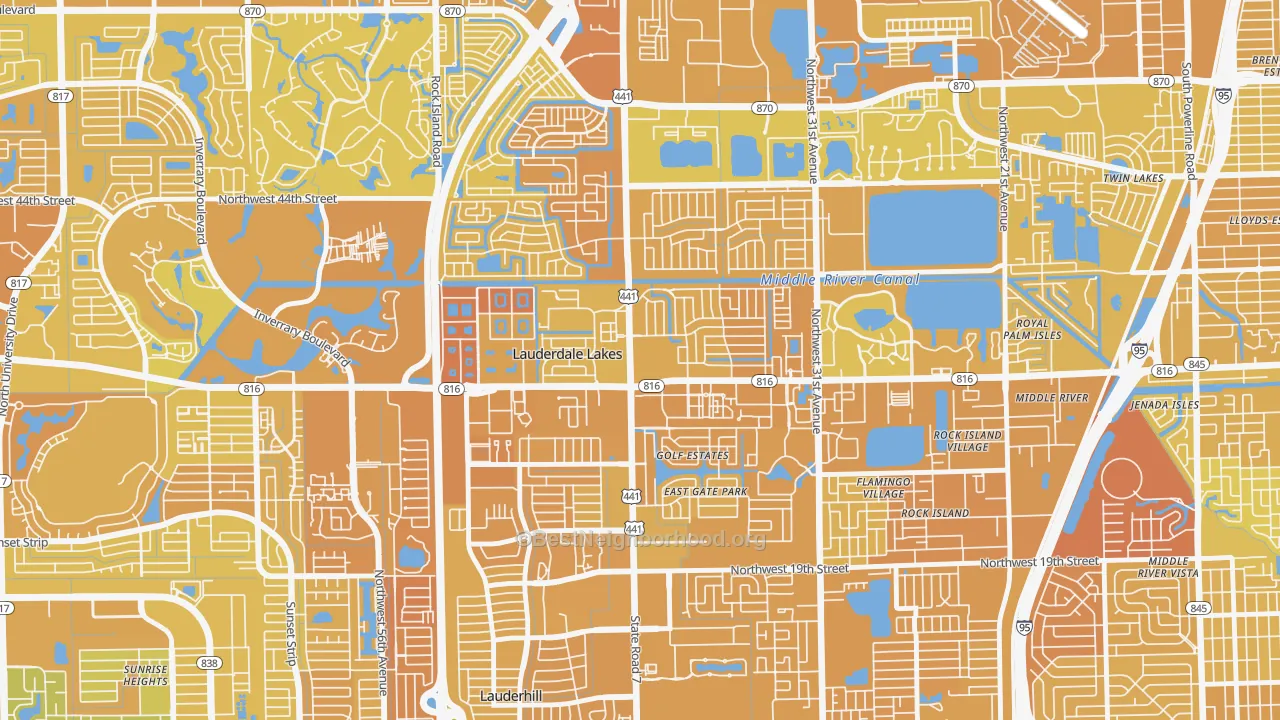 Map of the best neighborhoods in the Lauderdale Lakes area, with better matches in green and worse matches in red