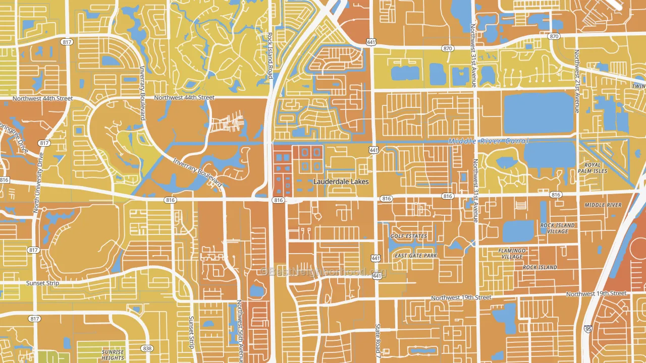 Map of the best neighborhoods in the Lauderdale Lakes West Gate, Lauderdale Lakes area, with better matches in green and worse matches in red