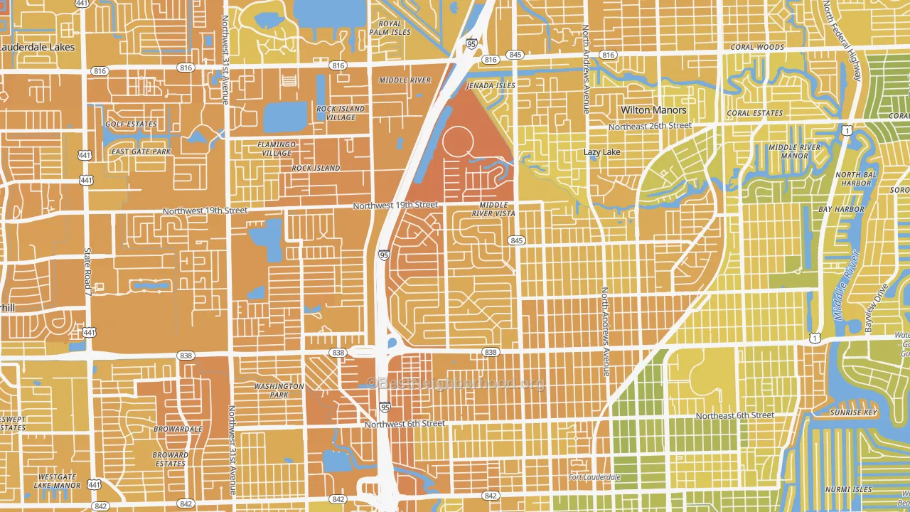 Map of the best neighborhoods in the Lauderdale Manors, Fort Lauderdale area, with better matches in green and worse matches in red