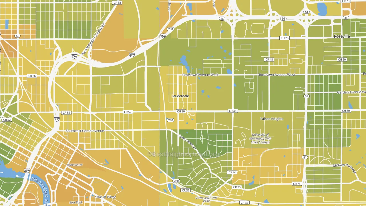 Map of the best neighborhoods in the Lauderdale area, with better matches in green and worse matches in red