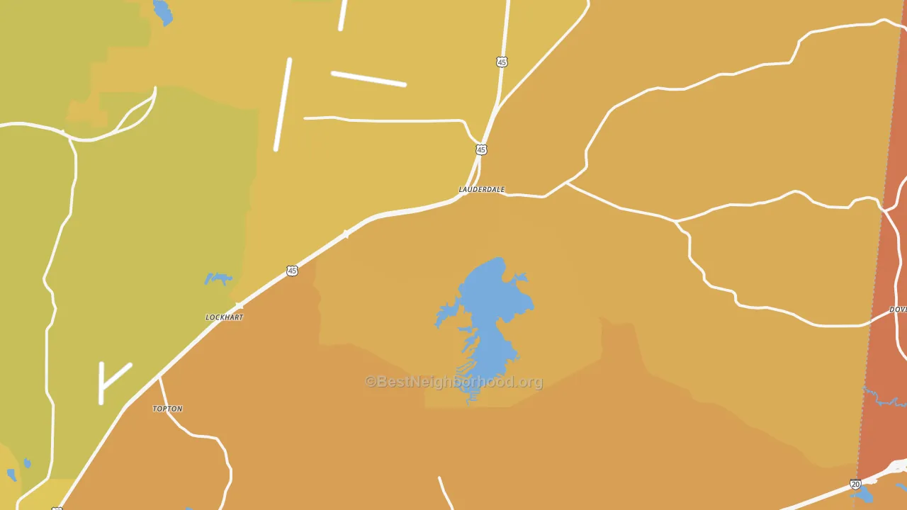 Map of the best neighborhoods in the Lauderdale area, with better matches in green and worse matches in red