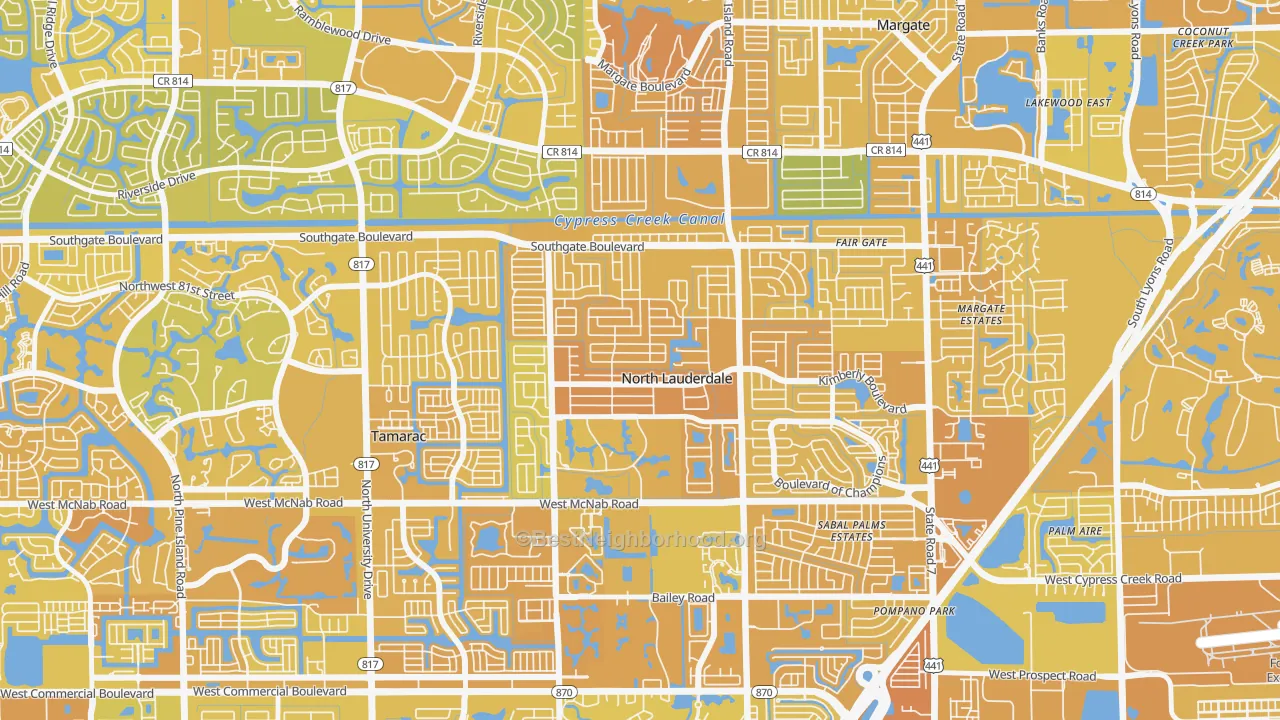 Map of the best neighborhoods in the Lauderdale North Park, North Lauderdale area, with better matches in green and worse matches in red