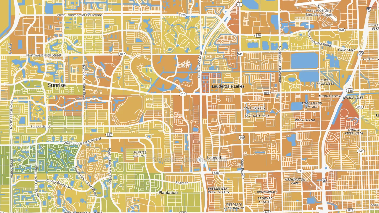 Map of the best neighborhoods in the Lauderhill area, with better matches in green and worse matches in red