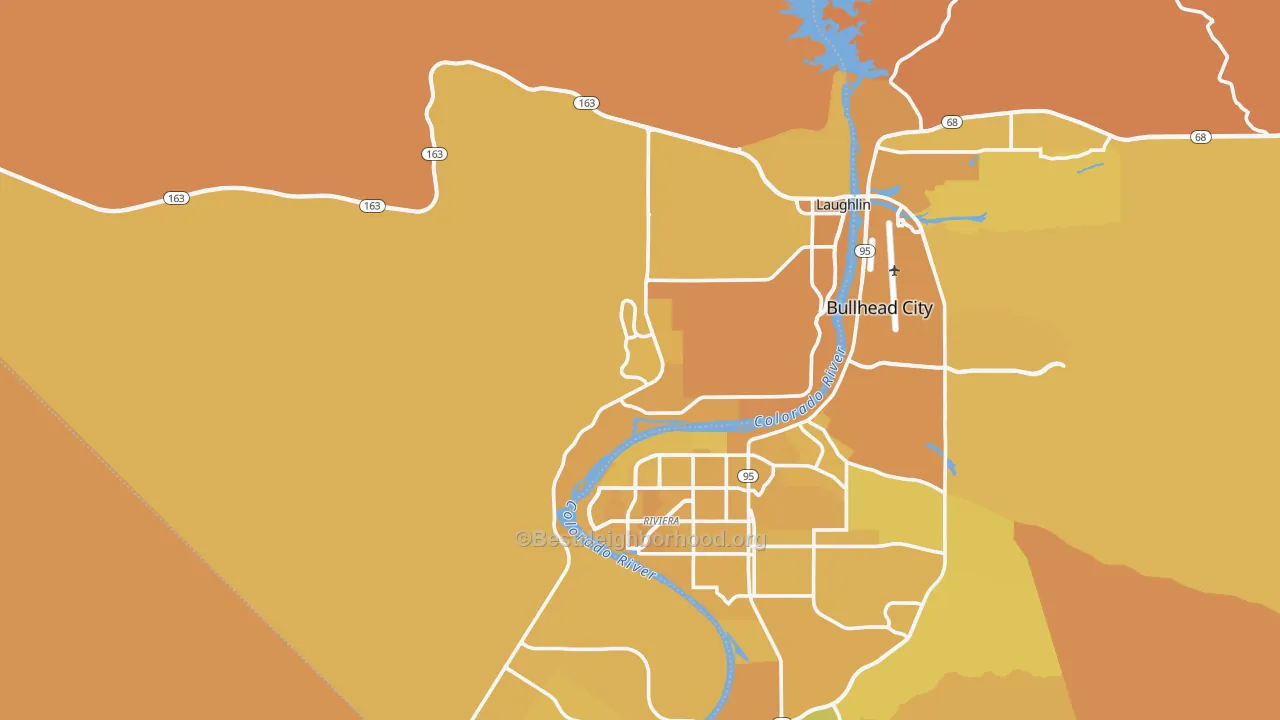 Map of the best neighborhoods in the Laughlin area, with better matches in green and worse matches in red