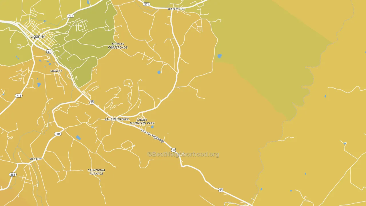 Map of the best neighborhoods in the Laughlintown area, with better matches in green and worse matches in red