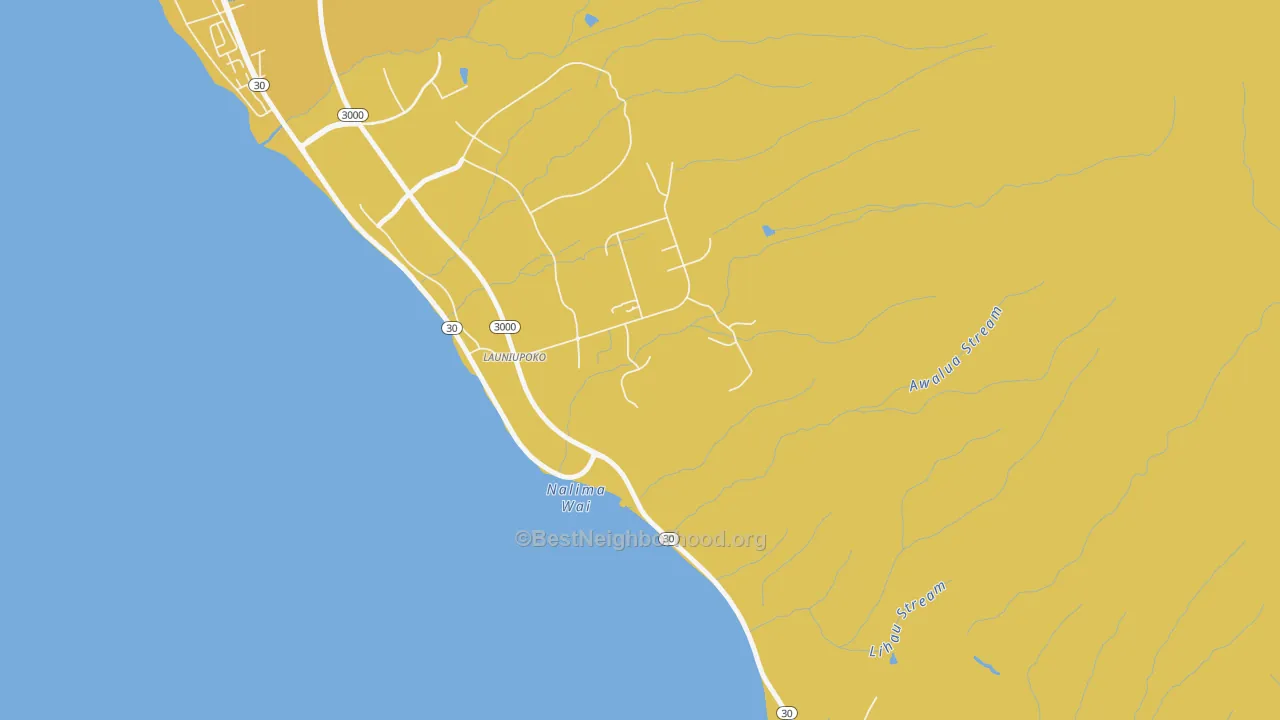 Map of the best neighborhoods in the Launiupoko area, with better matches in green and worse matches in red