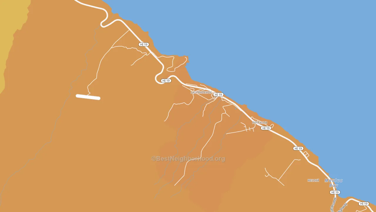 Map of the best neighborhoods in the Laupahoehoe area, with better matches in green and worse matches in red