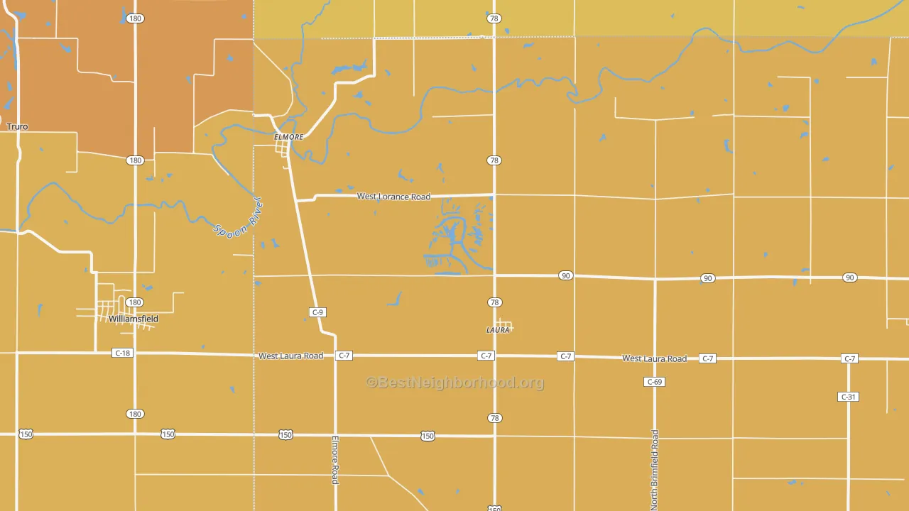 Map of the best neighborhoods in the Laura area, with better matches in green and worse matches in red