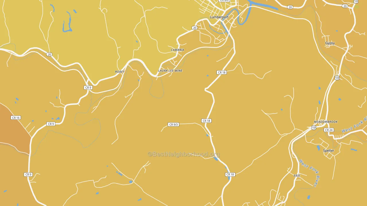 Map of the best neighborhoods in the Laura Lee Mine area, with better matches in green and worse matches in red