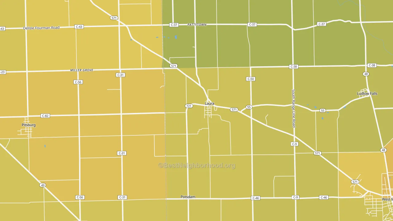 Map of the best neighborhoods in the Laura area, with better matches in green and worse matches in red