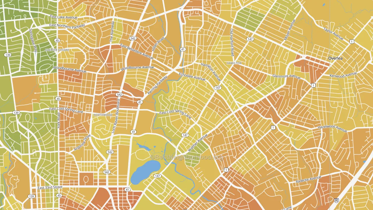 Map of the best neighborhoods in the Lauraville, Baltimore area, with better matches in green and worse matches in red