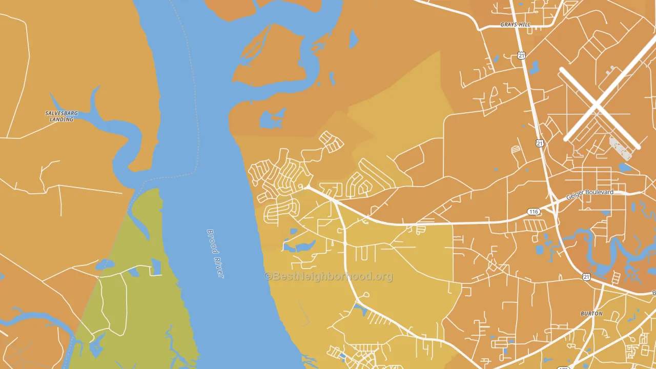 Map of the best neighborhoods in the Laurel Bay area, with better matches in green and worse matches in red