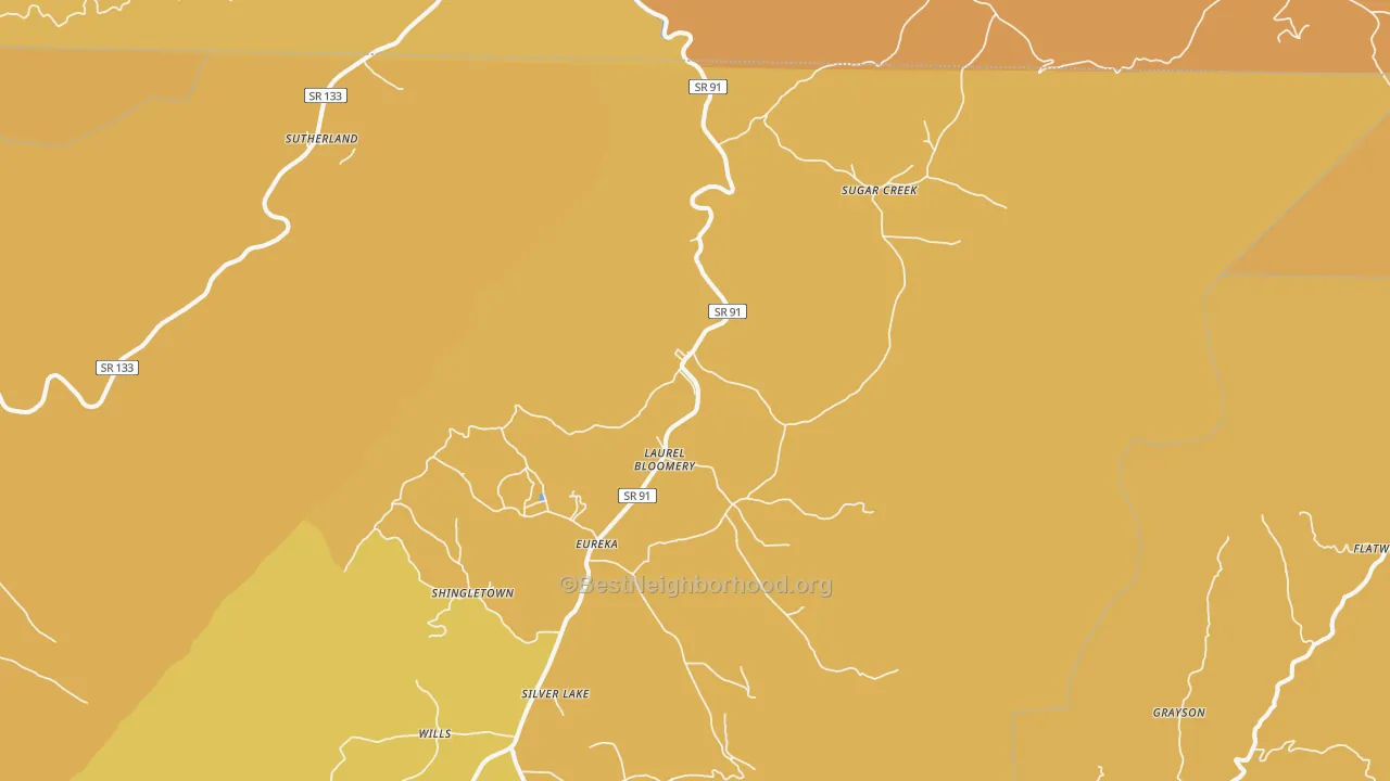 Map of the best neighborhoods in the Laurel Bloomery area, with better matches in green and worse matches in red