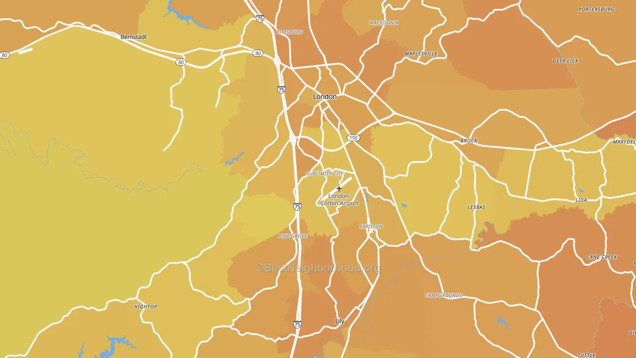 Map of the best neighborhoods in the Laurel County area, with better matches in green and worse matches in red