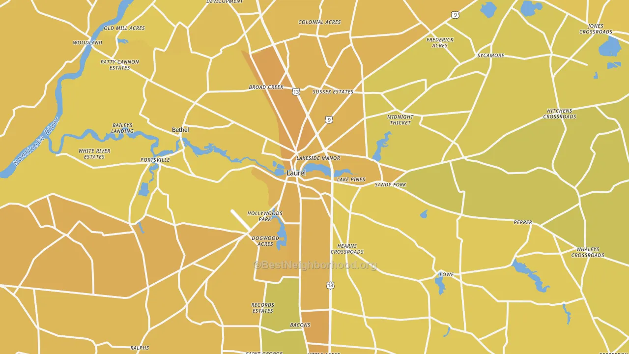 Map of the best neighborhoods in the Laurel area, with better matches in green and worse matches in red