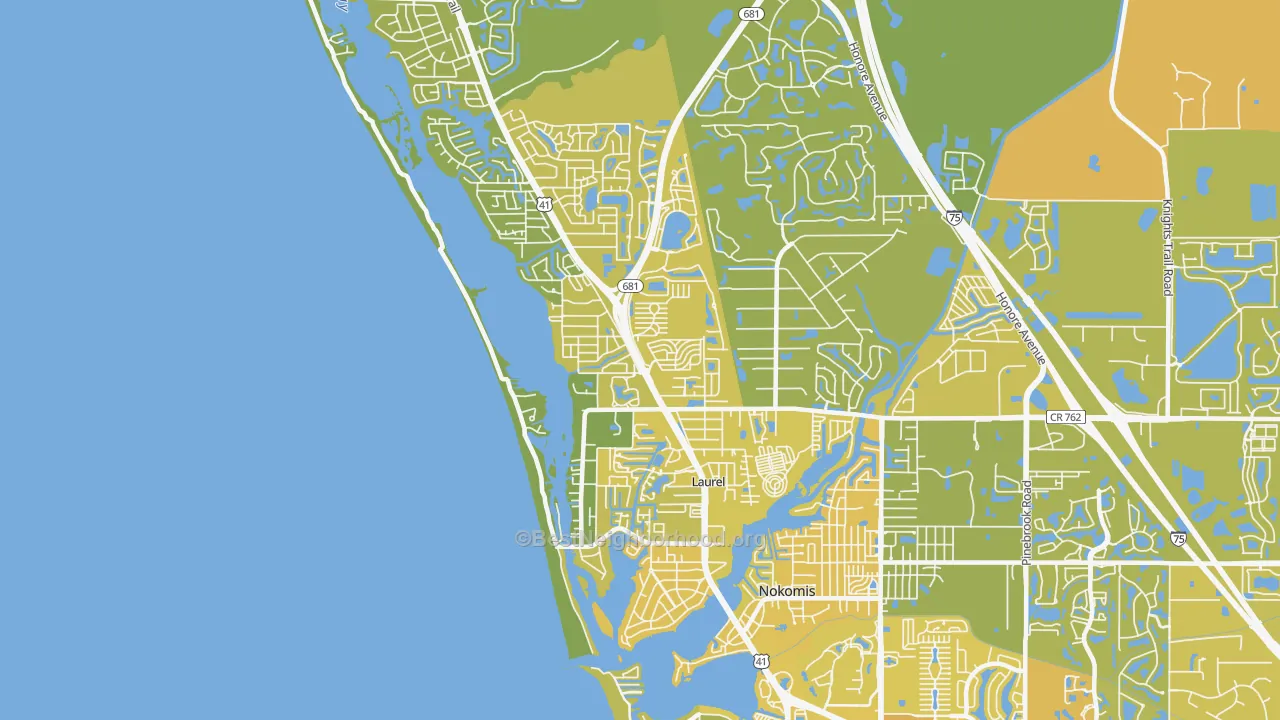 Map of the best neighborhoods in the Laurel area, with better matches in green and worse matches in red