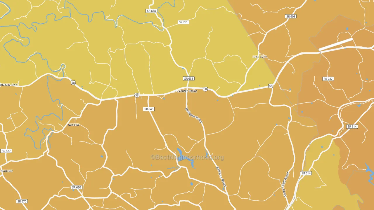 Map of the best neighborhoods in the Laurel Fork area, with better matches in green and worse matches in red