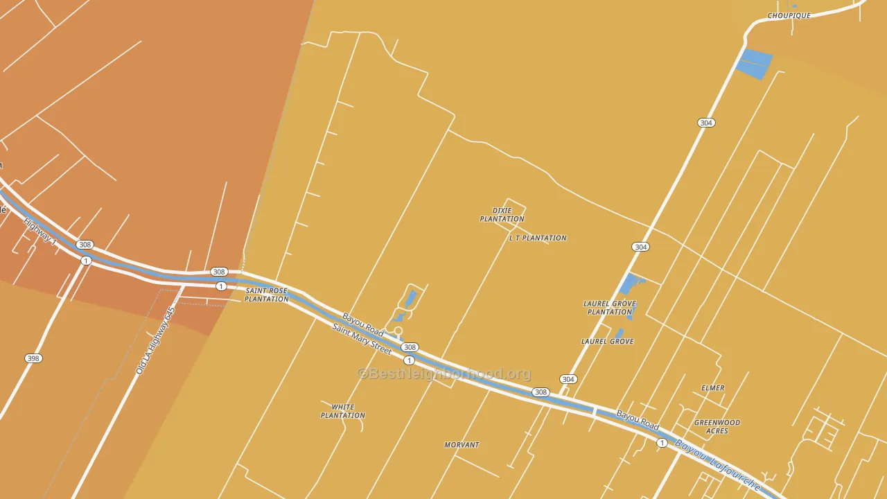 Map of the best neighborhoods in the Laurel Grove area, with better matches in green and worse matches in red