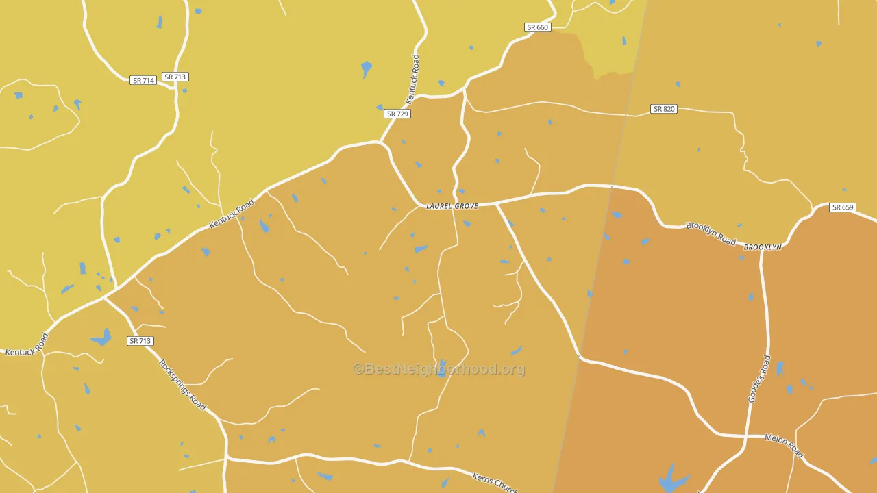 Map of the best neighborhoods in the Laurel Grove area, with better matches in green and worse matches in red