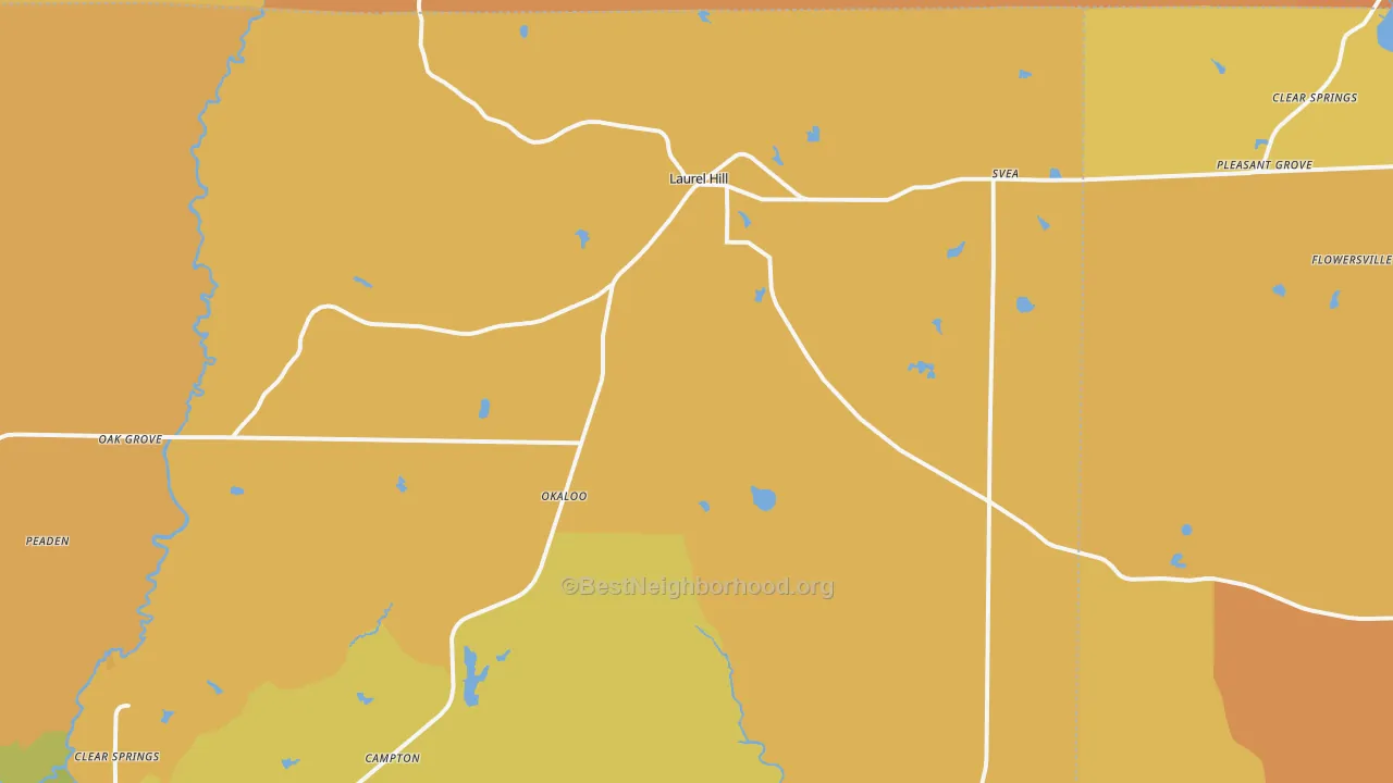 Map of the best neighborhoods in the Laurel Hill area, with better matches in green and worse matches in red