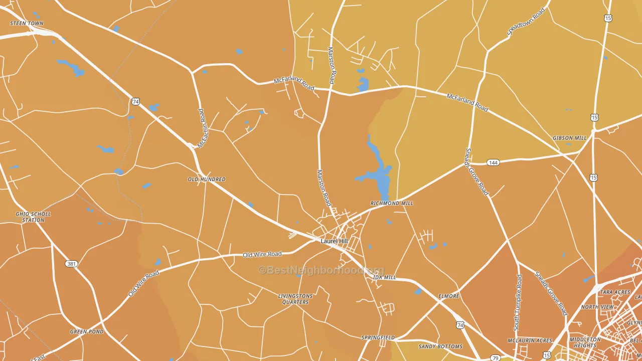 Map of the best neighborhoods in the Laurel Hill area, with better matches in green and worse matches in red