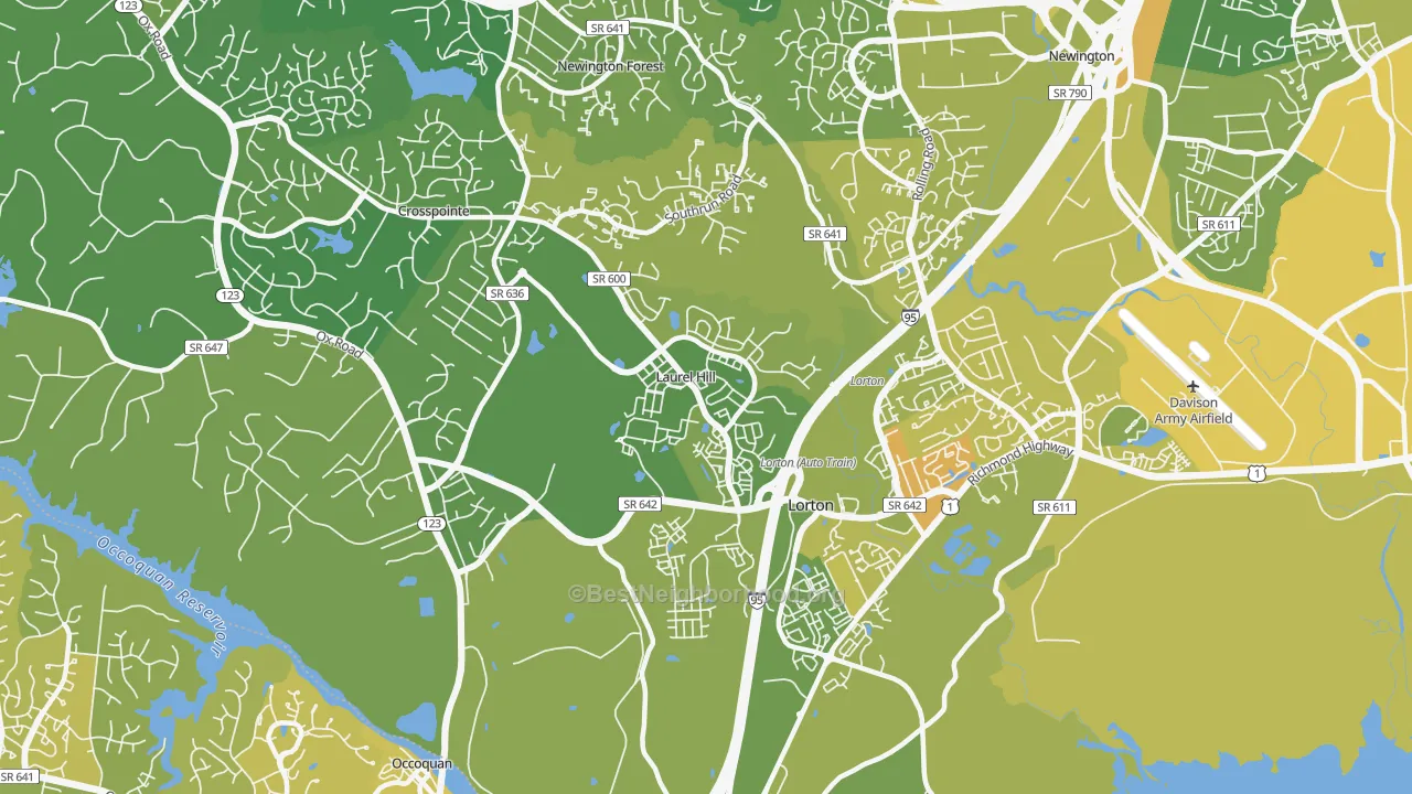 Map of the best neighborhoods in the Laurel Hill area, with better matches in green and worse matches in red