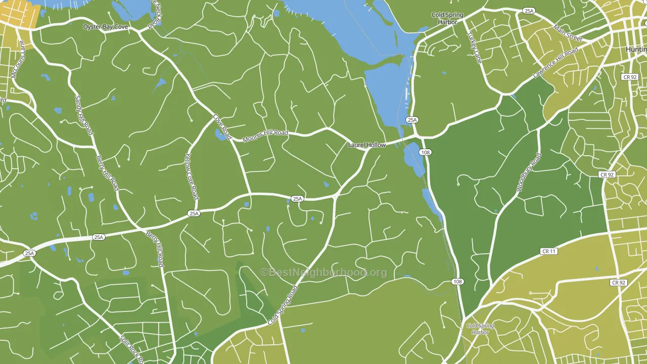 Map of the best neighborhoods in the Laurel Hollow area, with better matches in green and worse matches in red