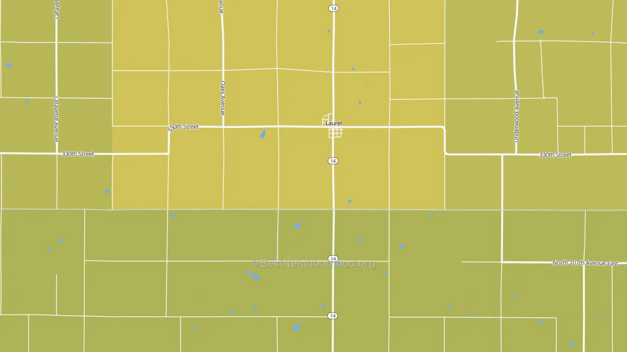 Map of the best neighborhoods in the Laurel area, with better matches in green and worse matches in red