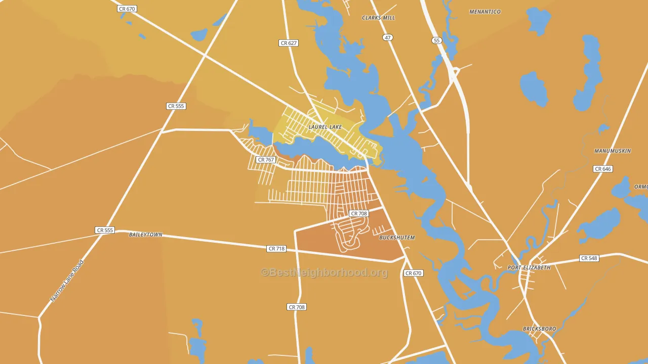 Map of the best neighborhoods in the Laurel Lake area, with better matches in green and worse matches in red