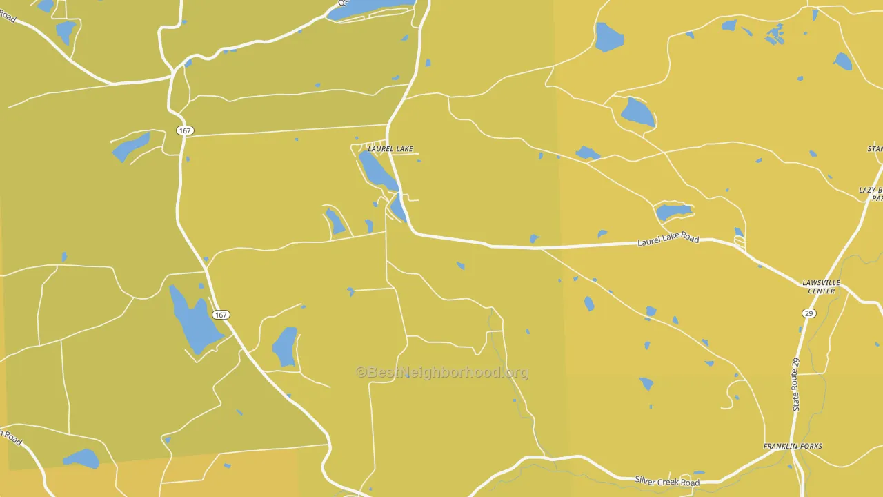 Map of the best neighborhoods in the Laurel Lake area, with better matches in green and worse matches in red