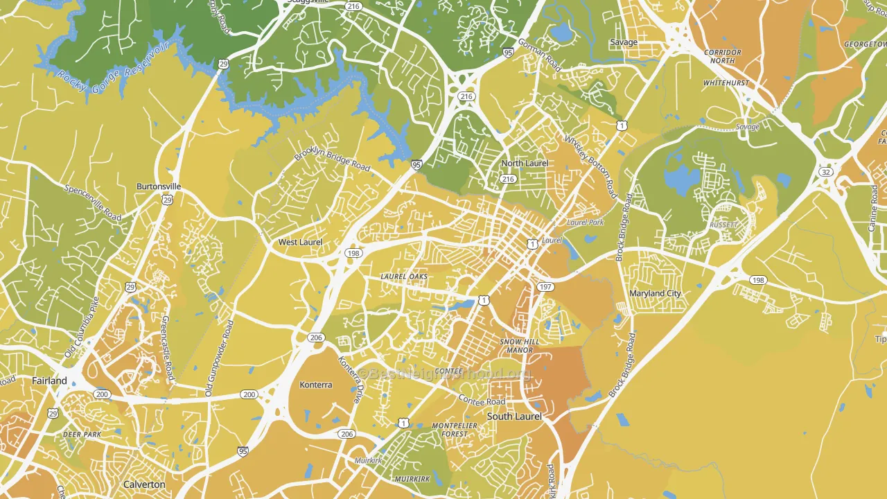 Map of the best neighborhoods in the Laurel area, with better matches in green and worse matches in red