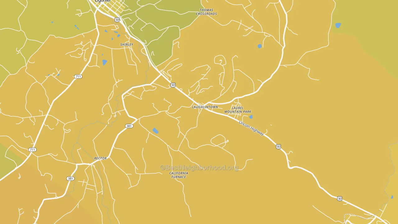 Map of the best neighborhoods in the Laurel Mountain area, with better matches in green and worse matches in red