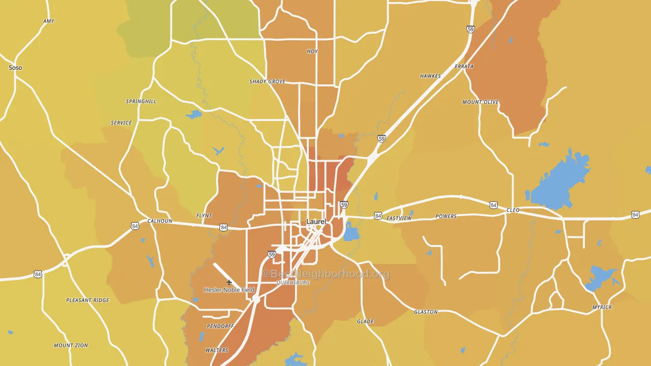 Map of the best neighborhoods in the Laurel area, with better matches in green and worse matches in red