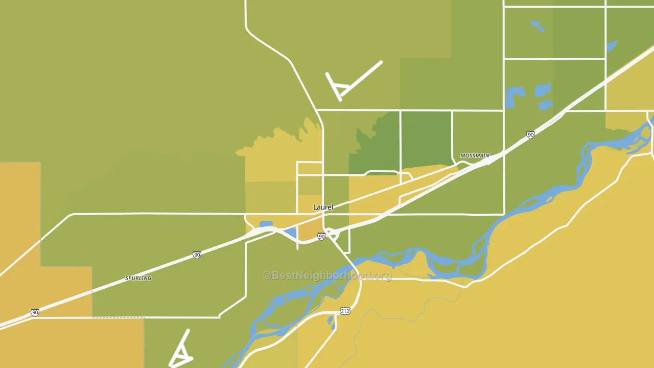 Map of the best neighborhoods in the Laurel area, with better matches in green and worse matches in red