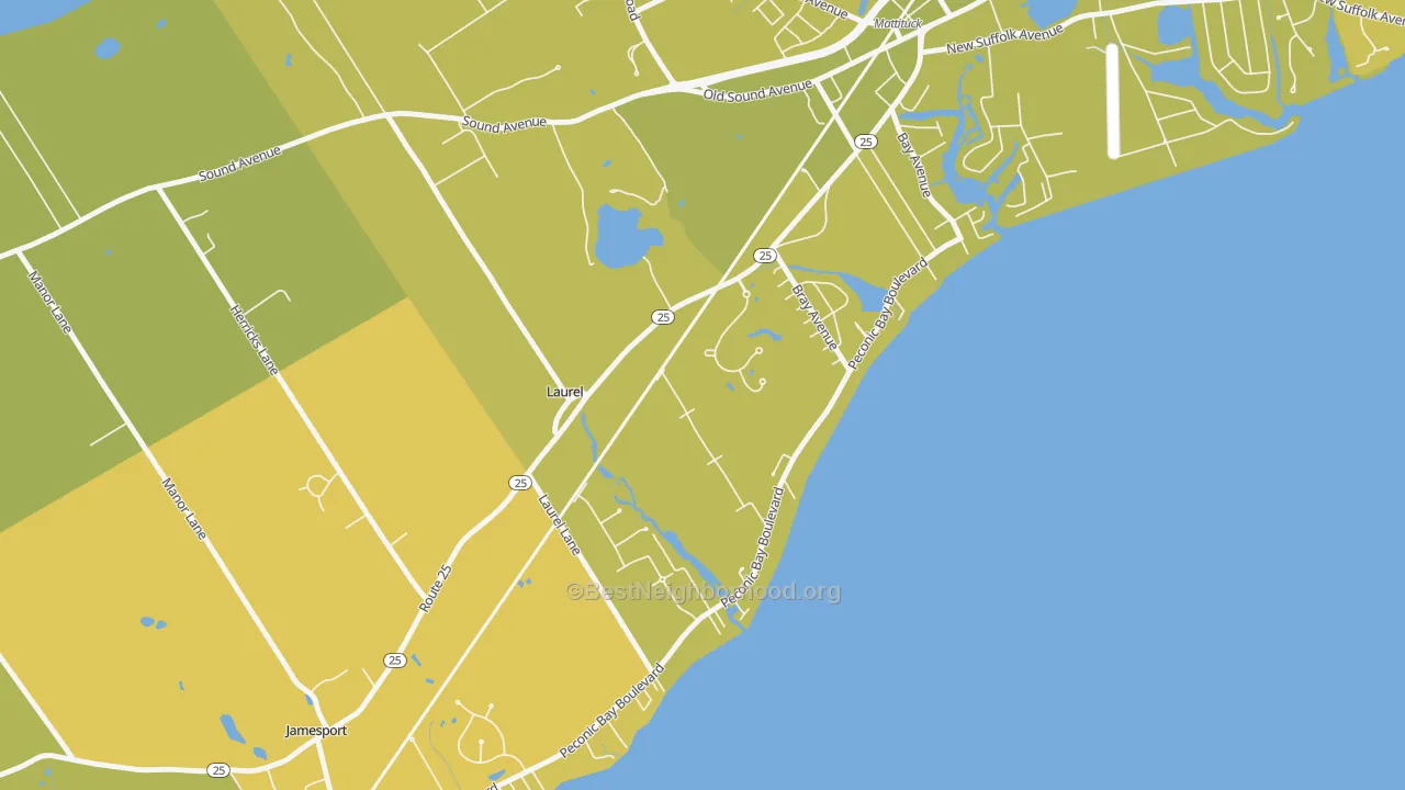 Map of the best neighborhoods in the Laurel area, with better matches in green and worse matches in red