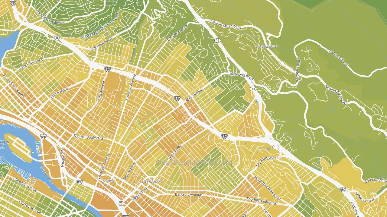 Map of the best neighborhoods in the Laurel, Oakland area, with better matches in green and worse matches in red