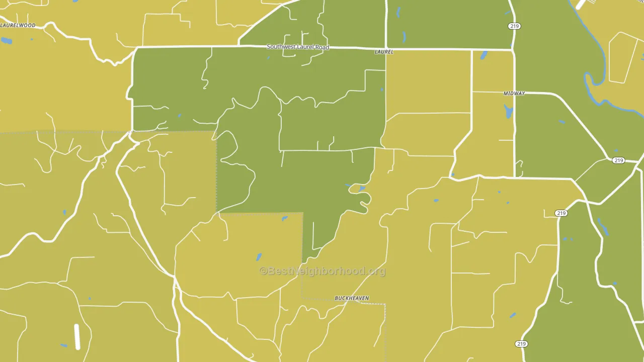 Map of the best neighborhoods in the Laurel area, with better matches in green and worse matches in red