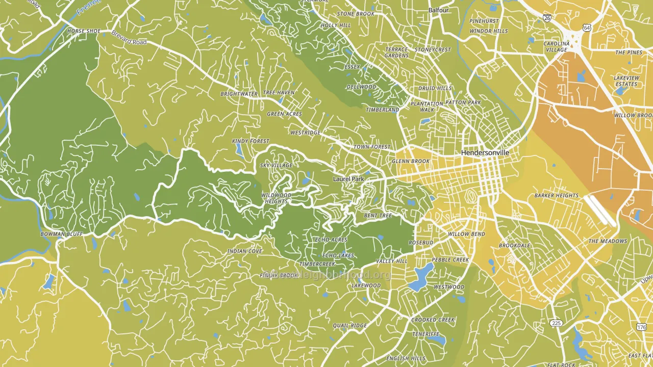 Map of the best neighborhoods in the Laurel Park area, with better matches in green and worse matches in red