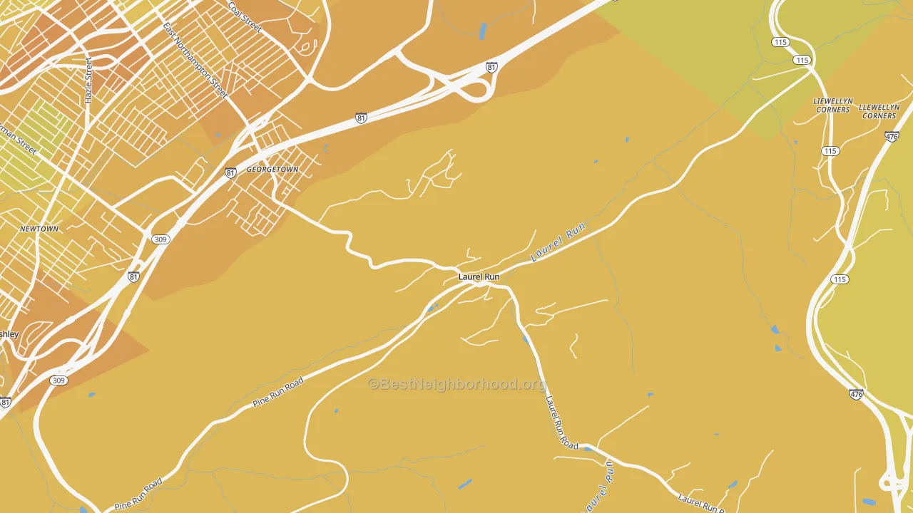 Map of the best neighborhoods in the Laurel Run area, with better matches in green and worse matches in red